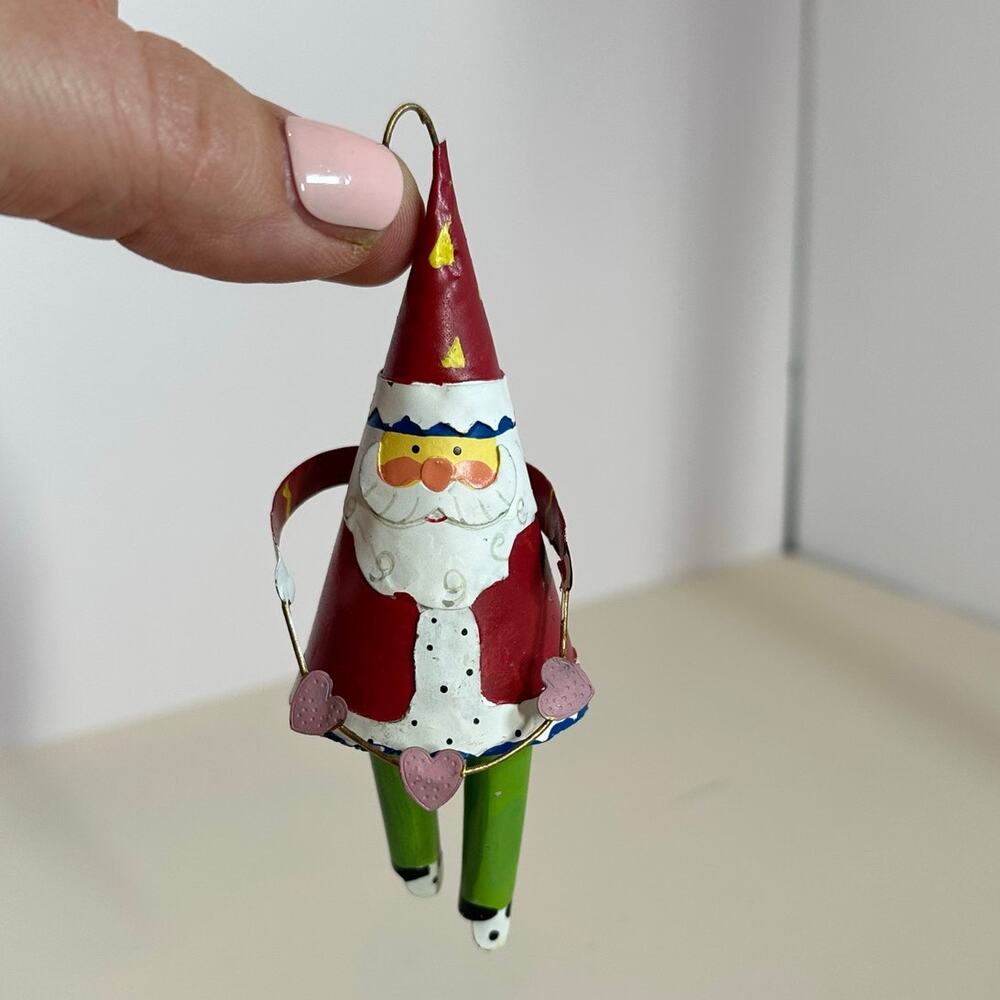 Metal Tin Santa Claus Dangling Christmas Ornament Cone Shaped w/ Hearts